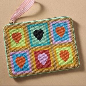 Anthropologie Beaded Flat Pouch Heart Pattern Clutch